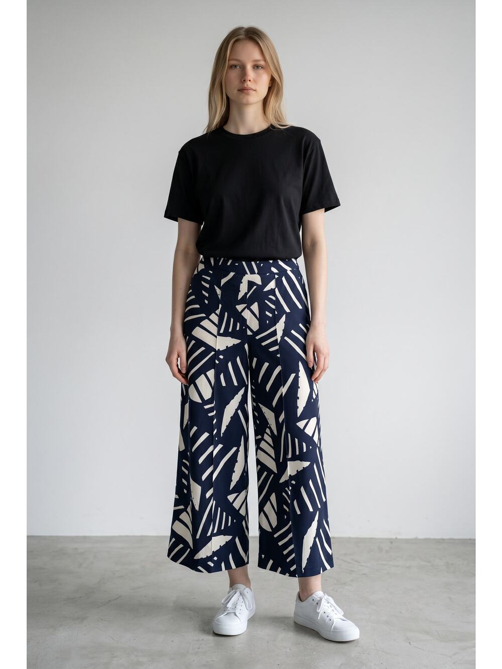 Lauren Ralph Lauren Cropped Pants Womens 16 Navy Blue White Geometric Wide Leg